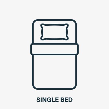 Tek Yatak Hattı Simgesi. Doğrusal Simge Yatağı. Üst Manzara. Yatak büyüklüğünde. Yastık ve Battaniye Çizimi Pictogram. İç mağazanın logosu. Düzenlenebilir felç. Vektör illüstrasyonu