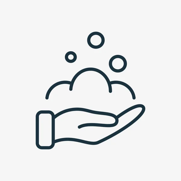 Washing Hand with Soap. Human Hand, Soap Foam and Bubbles Line Icon. Concept of Prevention, Care and Protection Health. Editable stroke. Vector illustration — Archivo Imágenes Vectoriales