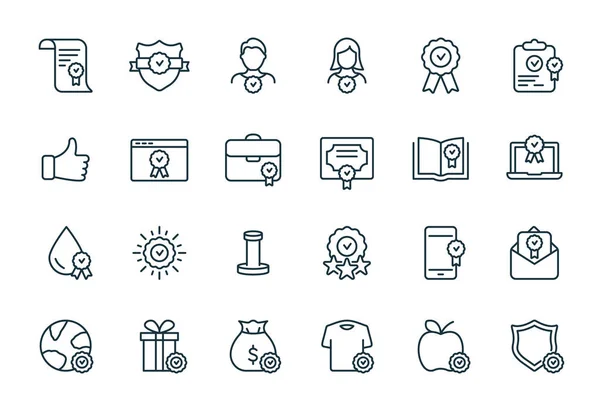 Quality Control and Check Mark Linear Icons Set. Food, Clothes, Water Certification Procedure, Inspection, Certification, Approval, Confirmation Icons. Editable stroke. Vector illustration — Archivo Imágenes Vectoriales