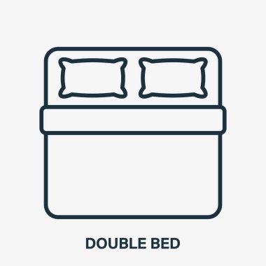Çift Yatak Hattı Simgesi. Yastık ve Battaniye Çizimi Pictogram. Doğrusal Simge Yatağı. Üst Manzara. Yatak büyüklüğünde. İç mağazanın logosu. Düzenlenebilir felç. Vektör illüstrasyonu