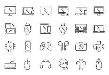 Aygıt Hattı Simgesi Kümesi. Laptop, Telefon, Kulaklık, PC, Not Defteri, Dijital Ekipmanlar. Kablosuz Akıllı Elektronik Gadget Lineer Simgeleri. Aygıt Pictogram. Düzenlenebilir Vuruş. Vektör İllüstrasyonu