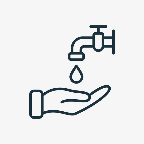 Waschen Sie Ihre Hände Line Icon. Wassertropfen, Wasserhahn oder Wasserhahn, lineares Symbol der menschlichen Hand. Vorsichtsmaßnahmen gegen Viren und Bakterien. Prävention Piktogramm für Medical Poster. Essbarer Schlaganfall. Vektorillustration — Stockvektor