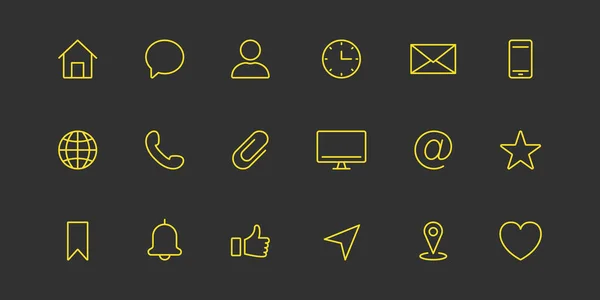 Business Card Line Icon Set. Yellow Simple Communication Linear Icon. Contact Info Pictogram. Address, Email, Phone, Message, Chat. Set of Website Pictogram. Editable stroke. Vector illustration — Archivo Imágenes Vectoriales