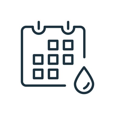 Adet Takvimi Doğrusal Simgesi. Regl döngüsünü takvim ve kan damlasıyla tamamla. Adet ve adet dönemleri. Regl Dönemi Hakkında Hatırlatma Başvurusu. Düzenlenebilir felç. Vektör illüstrasyonu