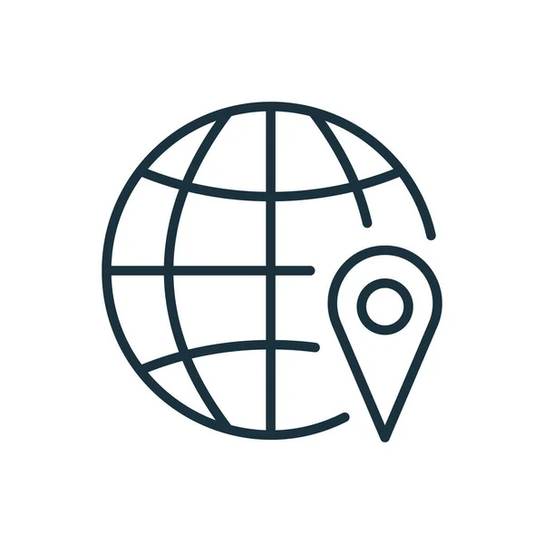 Planet Erde mit Location Pin Linear Icon. Global GPS Navigation Icon. Reisemarker und Raster der Planet Earth Line Piktogramm. Essbarer Schlaganfall. Vektorillustration — Stockvektor