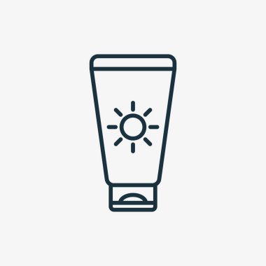 Güneş kremi Simgesi. Güneş kremi Lineer Pictogram. Ultraviyole ışınları korumak için bronzlaştırıcı ürün. Güneş losyonu Taslak Simgesi. Düzenlenebilir Vuruş. İzole Vektör İllüstrasyonu