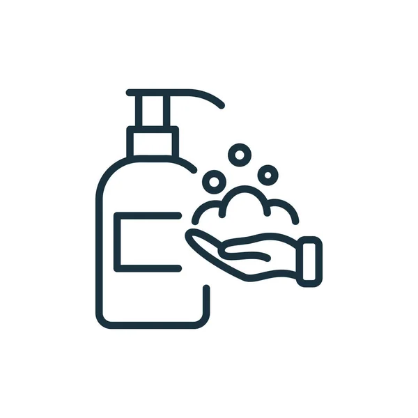 Antibacteriële Vloeibare Zeep met Pumping Bottle Line Icon. Handwas concept Lineair Pictogram. Hygiëne en desinfectie van de handen Outline Icon. Bewerkbare Stroke. Geïsoleerde vectorillustratie — Stockvector