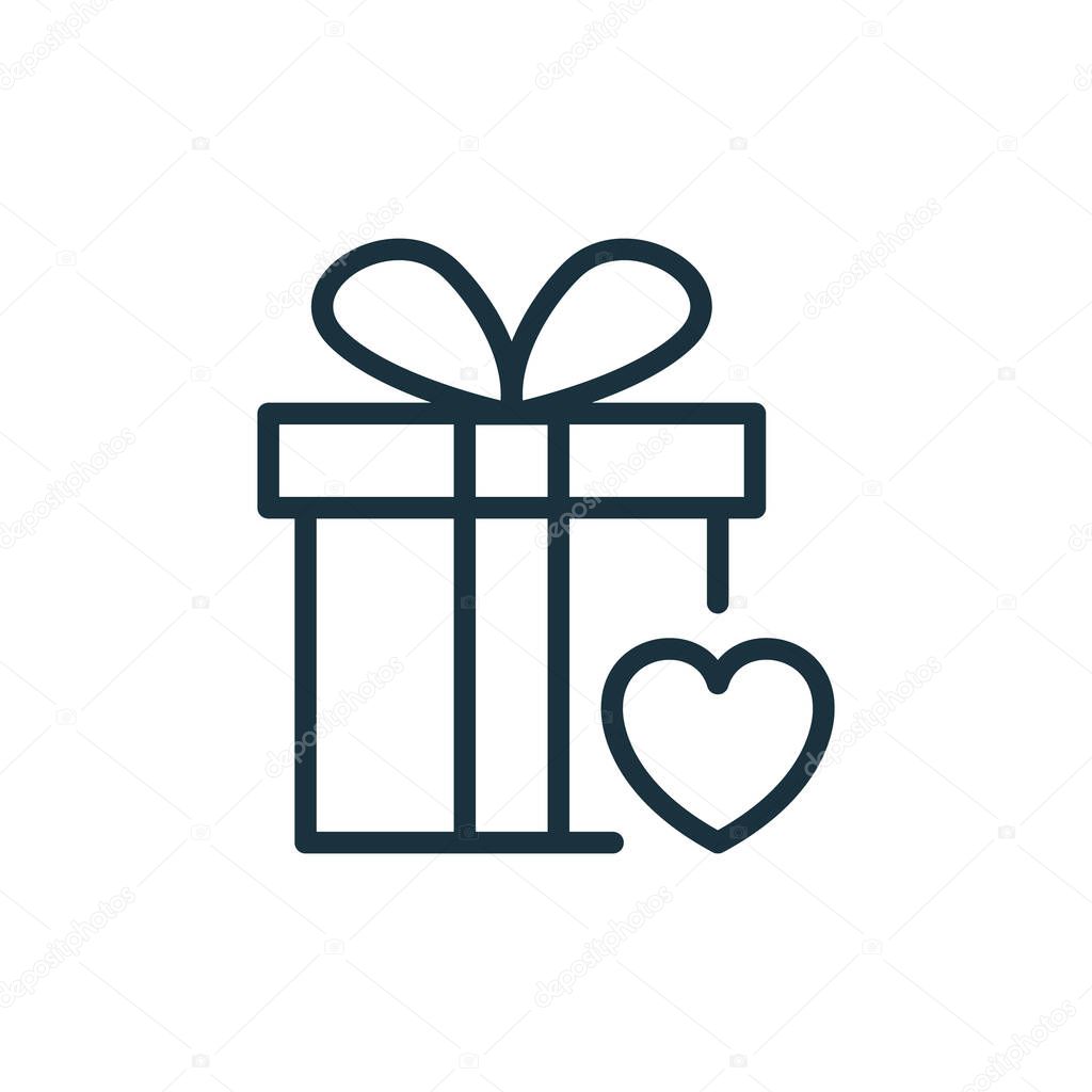 Gift Box with Ribbon Bow and Heart Line Icon. Giftbox in Donation and Charity Concept Linear Pictogram. Surprise Box for Holiday Outline Icon. Editable Stroke. Isolated Vector Illustration.