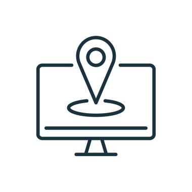 Bilgisayar Seyrüsefer Hattı Simgesi. IP Adresi Linear Pictogram. GPS Pin ve Bilgisayar Monitörü Taslak Simgesi. Coğrafi Konsept ve Navigasyon. Düzenlenebilir Vuruş. İzole Vektör İllüstrasyonu