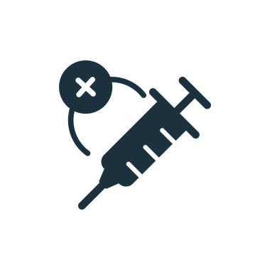 Aşı silueti simgesi. Aşı yasağı konsepti. Çapraz işaretli şırınga. Aşı yok. Vektör illüstrasyonu