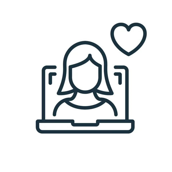 Online Help Line Icon. Computer Psychologist Support and Therapy Online with Heart Linear Pictogram. Virtual Woman Operator Outline Icon. Donate Concept. Editable Stroke. Isolated Vector Illustration — Vettoriale Stock