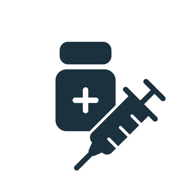 Coronavirus Aşısı Siluet ikonu. Şırıngayla şişe. Covid 'e karşı aşı. Şırınga ve aşı şişesi düz simge. Coronavirus Covid-19 tedavisi. Vektör illüstrasyonu — Stok Vektör