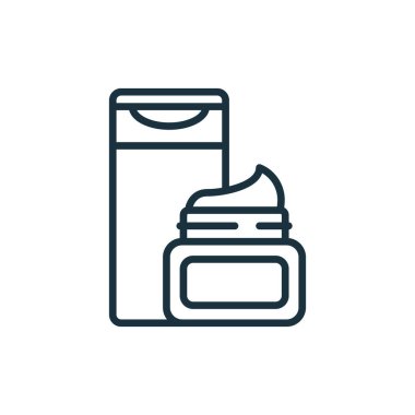 Saç Bakımı Ürünleri Hattı Simgesi Konteynırı. Losyon kavanozu, Şampuan, Balsam, Saç Doğrusal Piktogram Maskesi. Kozmetik Ürün Taslak Simgesi Paketi. Düzenlenebilir Vuruş. İzole Vektör İllüstrasyonu