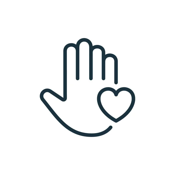 Icona Palm of Hand e Heart Line. Simbolo del volontariato Pittogramma lineare. Concetto di beneficenza e donazione. Icona a forma di cuore e contorno mano. Ictus modificabile. Illustrazione vettoriale isolata — Vettoriale Stock