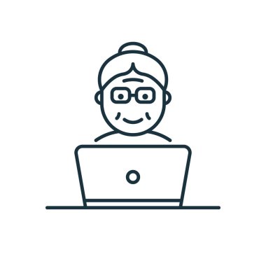 Yaşlı kıdemli kadın nüfuz çizgisi simgesi. Pozitif Emekli Blogger İçerik Doğrusal Pictogram Oluşturuyor. Bilgisayar Taslak Simgesi ile Yaşlı İnsan. Düzenlenebilir Vuruş. İzole Vektör İllüstrasyonu