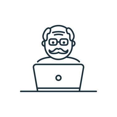 Yaşlı kıdemli nüfuz çizgisi simgesi. Pozitif Emekli Blogger İçerik Doğrusal Pictogram Oluşturuyor. Bilgisayar Taslak Simgesi ile Yaşlı İnsan. Düzenlenebilir Vuruş. İzole Vektör İllüstrasyonu