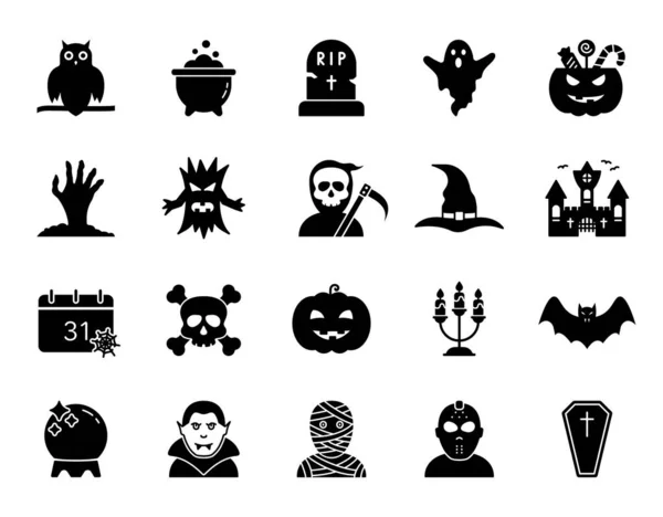 Хелловін встановив силует Icon. Spooky Horror Glyph Pictogram Halloween Concept Pumpkin, Ghost, Bat, Grave, Skull, Vampire Scary Magic Black Icon for Celebration від 31 жовтня. Векторний приклад — стоковий вектор