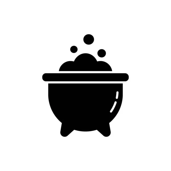 Black Cauldron with Bubbling Potion Halloween Decoration Silhouette Icon. Witches Cauldron and Potion Glyph Pictogram. Magicians Pot with Brew Icon. Isolated Vector Illustration — Stock Vector