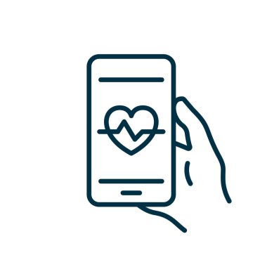 Kalp atışı kontrol hattı simgesi için cep telefonu uygulaması. Smartphone Pictogram 'da eğitim ve kontrol kalp atışı. Cep telefonu Taslak Simgesi için Uygulama Bpm Sayısı. Düzenlenebilir Vuruş. İzole Vektör İllüstrasyonu