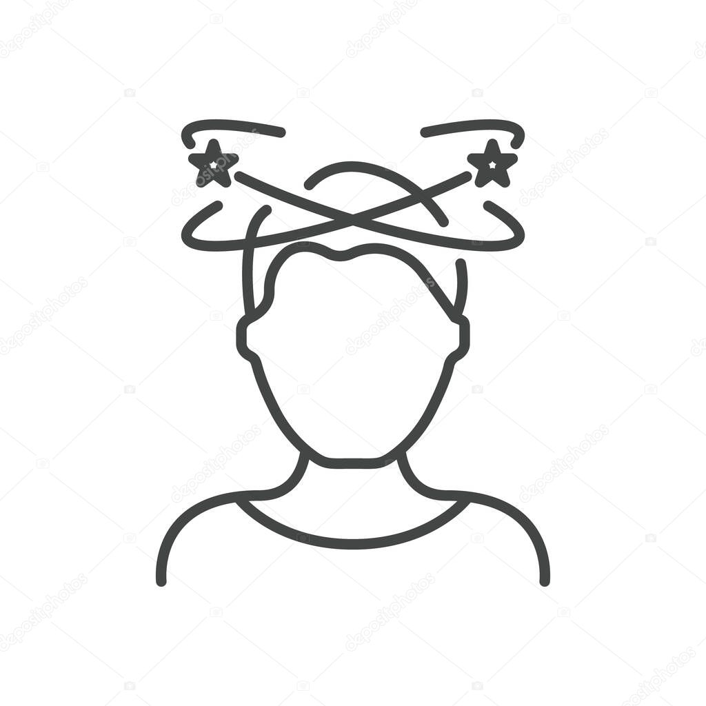 Dizziness, Migraine, Headache, Distracted Head Linear Pictogram. Front View. Man Feel Dizzy Line Icon. Tired Man with Nausea Outline Icon. Editable Stroke. Isolated Vector Illustration.