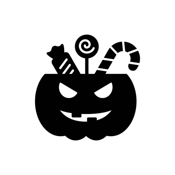Abóbora de Halloween bonito com doces ícone silhueta. Trate ou Truque Halloween Pumpkin Bucket Glyph Pictogram. Cesta para Sweet on Halloween Icon. Ilustração Vectorial Isolada —  Vetores de Stock