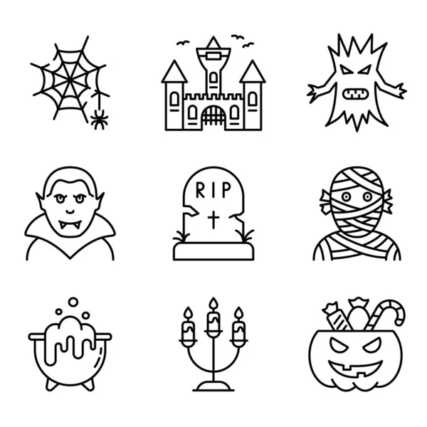 Halloween Set Line Icon. Pumpkin with Candy, Castle, Cauldron, Vampire Scary Magic Outline Icon. Halloween Concept. Spooky Horror Linear Pictogram. Editable Stroke. Isolated Vector Illustration — Stock Vector