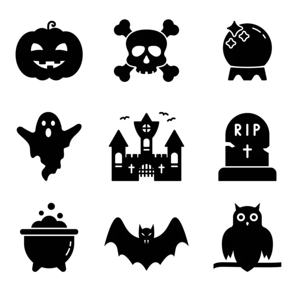 Halloween Τρομακτικό σκηνικό Silhouette. Μαύρη Κολοκύθα, Νυχτερίδα, Βρικόλακας, Καζάνι, Τάφος, Κρανίο, Κάστρο Glyph Φάντασμα Εικονόγραμμα. Χαριτωμένο Χελουίν σετ εικονίδιο. Μεμονωμένη απεικόνιση διανύσματος — Διανυσματικό Αρχείο