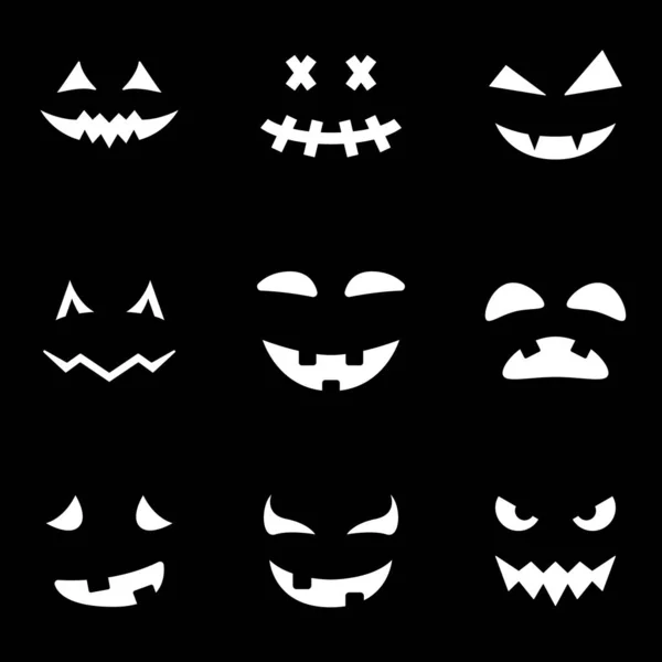 Gruselige und lustige Gesichter für den Halloween-Kürbis Silhouette Icon auf schwarzem Hintergrund. Halloween Horror Emotionen Ikone. Gespenstische Gesichter aus Geisterglyphen-Piktogramm. Isolierte Vektorillustration — Stockvektor