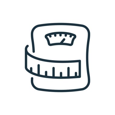 Banyo zemininde mezura çizgisi simgesi var. Ağırlık Kontrolü Doğrusal Piktogram. Kilo ve Beli Ölçmek için Metre Taslak Simgesi. Düzenlenebilir Vuruş. İzole Vektör İllüstrasyonu