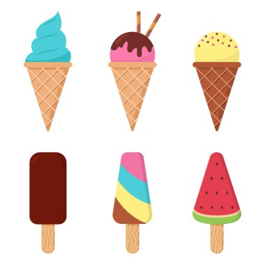 Dondurmalı Waffle Cone ve Yapıştırılmış Dondurma Koleksiyonu. Çikolatalı yaz dondurması seti, beyaz arka planda karpuz. Dondurulmuş tatlı dondurma. İzole Vektör İllüstrasyonu