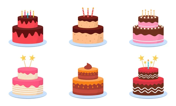 Bolos deliciosos com velas para o jogo de festa de aniversário. Coleção de Bolos Bonitos com Sorvete de Chocolate em Prato para Aniversário, Casamento. Padaria doce e saborosa. Ilustração Vectorial Isolada — Vetor de Stock