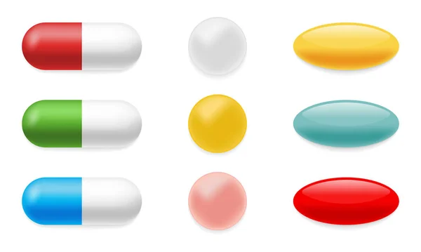 Uppsättning realistiska färg piller på vit bakgrund. Uppställning av Round Medical Tablet, Capsule och Oval Drug Collection. Mall farmaceutiska läkemedel. Isolerad vektorillustration — Stock vektor