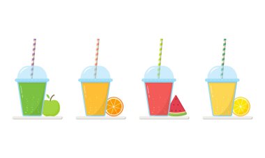 Beyaz Arkaplan 'da Cap ve Straw' la birlikte cam içinde limonata seti. Limon, portakal, karpuz, elma suyu. Kupada Buz Meyvesi Kokteylleri Koleksiyonu. Sağlıklı içecek. İzole Vektör İllüstrasyonu
