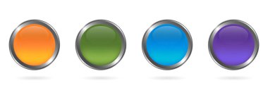 Beyaz Arkaplanda Gümüş Çerçeve olan Cam Renkli Yuvarlak Düğme seti. Mockup Collection of Blue, Green, Orange, Violet Realistik Buttons ve Metal Sınır ve Gölge. İzole Vektör İllüstrasyonu