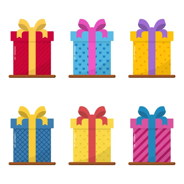 Sada barevných dárkových krabic s mašlí na bílém pozadí. Kolekce překvapení k narozeninám, Vánocům, Novému roku, Svatbě, výročí. Dárek v zábalu. Izolovaná vektorová ilustrace — Stockový vektor