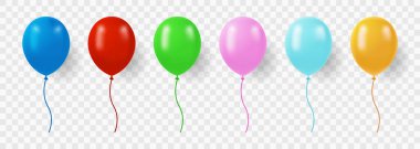 Şeffaf Arkaplanda Kurdeleli Renkli Uçan Balonlar seti. Parti için gerçekçi balon koleksiyonu, doğum günü, yıldönümü, kutlama. Yuvarlak hava topu seti. İzole Vektör İllüstrasyonu