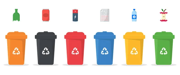 Set von Plastikbehältern zur Mülltrennung auf weißem Hintergrund. Mülltonnen-Sammlung für Altpapier, Metall, Glas, Kunststoff, organischen Abfall, E-Müll. Isolierte Vektorillustration — Stockvektor