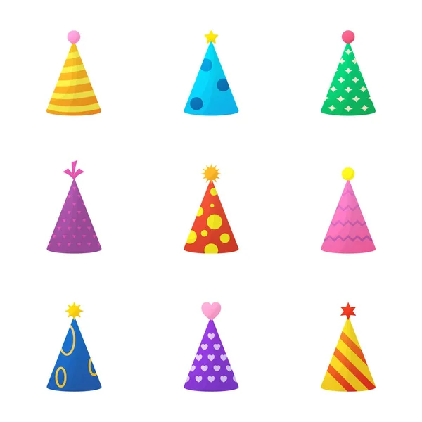 Collection de chapeau de fête d'anniversaire coloré sur fond blanc. Funny Cartoon Cone Caps Set pour l'anniversaire de la célébration. Accessoire pour Décoration Nouvel An Fête. Illustration vectorielle isolée — Image vectorielle