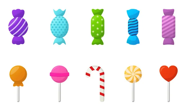 Collectie van schattige kleurrijke smakelijke snoepjes op witte achtergrond. Lollipop op Stick, Sweet Caramel, Hard Candy Set. Verpakt Chocolade Snoep in verschillende vorm. Feestjes. Geïsoleerde vectorillustratie — Stockvector