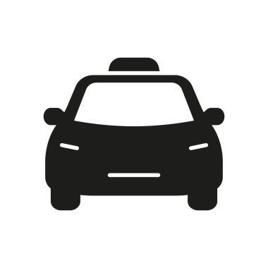 Taksi Önü Görünümü Katı Simge. Şehir Ulaşım ve Taksi Servisi Silueti Sembolü. Taksi sevkiyatı ve yolculuk paylaşımı konsepti. İzole Vektör İllüstrasyonu.