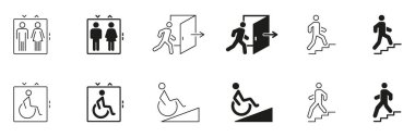 Elevator, Exit and Accessibility Icon Set. Public Facility Navigation And Accessibility Symbols Collection. Isolated Vector Illustration.