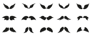 Mythical And Angelic Wings Solid Icon Set. Variety Of Wing Designs Symbolizing Fantasy, Freedom And Flight Elements. Silhouette Symbol Collection. Isolated Vector Illustration.