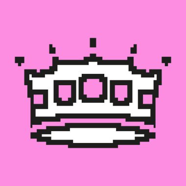 Mücevherleri ve pikselli ikonu olan pikselli taç. Kraliyet tacının değerli taşları ve monarşi amblemi olan pikseli sanat sembolü. İzole Vektör İllüstrasyonu.