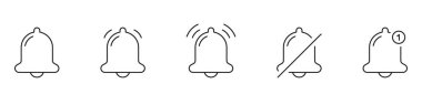 Notification Bell Icon Set. Alert, Reminder, And Mute Symbols Collection. User Interface And Communication Elements. Editable Stroke. Isolated Vector Illustration.