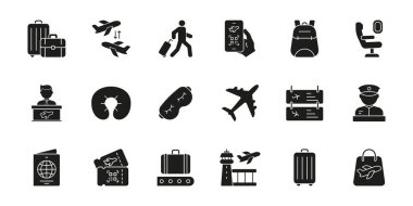 Seyahat ve Havacılık Esasları Katı Simge Ayarları. Hava Yolları, Havalimanı Hizmetleri ve Yolcu Silueti Sembol Koleksiyonu. Bavul ve Uçak Simgeleri dahil. İzole Vektör İllüstrasyonu.