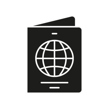 Pasaport ve Dünya Sembol Katı Simgesi Simgesi. Uluslararası Seyahat, Küresel Vatandaşlık ve Kimlik Silueti Sembolü. Dünya çapındaki hareketlilik. İzole Vektör İllüstrasyonu.