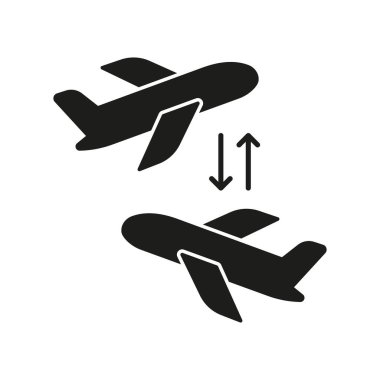 Uçak kalkış ve varış Katı Simge. Uçuş Operasyonları, Seyahat Planlama ve Havacılık Planlama Siluet Sembolü. Hava Trafik İdaresi. İzole Vektör İllüstrasyonu.