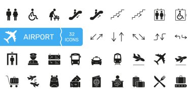 Havaalanı seyrüsefer ve tesis simgesi ayarlandı. Kapsamlı Seyahat ve Ulaşım Silüeti Sembol Koleksiyonu. Erişilebilirlik, Güvenlik ve Yolcu Hizmetleri dahil. Vektör İllüstrasyonu.