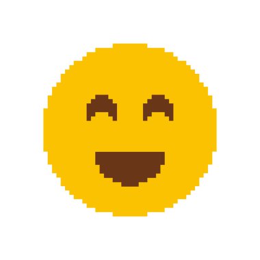 Gülen Yüz Emoji Pikseli Sanat Simgesi. Mutluluk, Neşe ve Pozitif Duygu Sembolü. Etkileyici Dijital İletişim. İzole Vektör İllüstrasyonu.