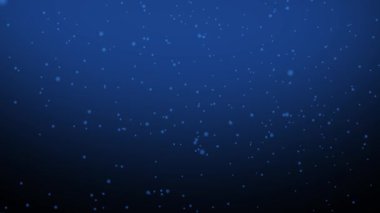 Mavi bokeh parçacıkları arka plan. Sürüklenen mavi parçacıklar karanlık bir uzayda yüzerler. Bulanık, parlak bokeh etkisi. 4K.